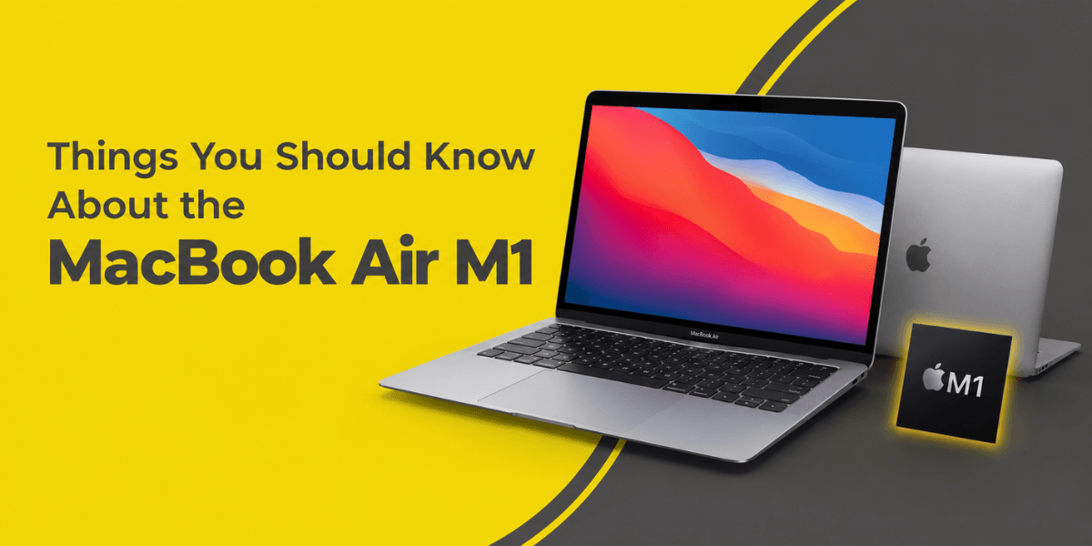 MacBook Air M1 laptop featured in a modern yellow and dark gray promotional graphic