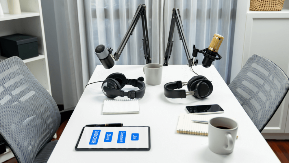 Podcast equipment in a frame