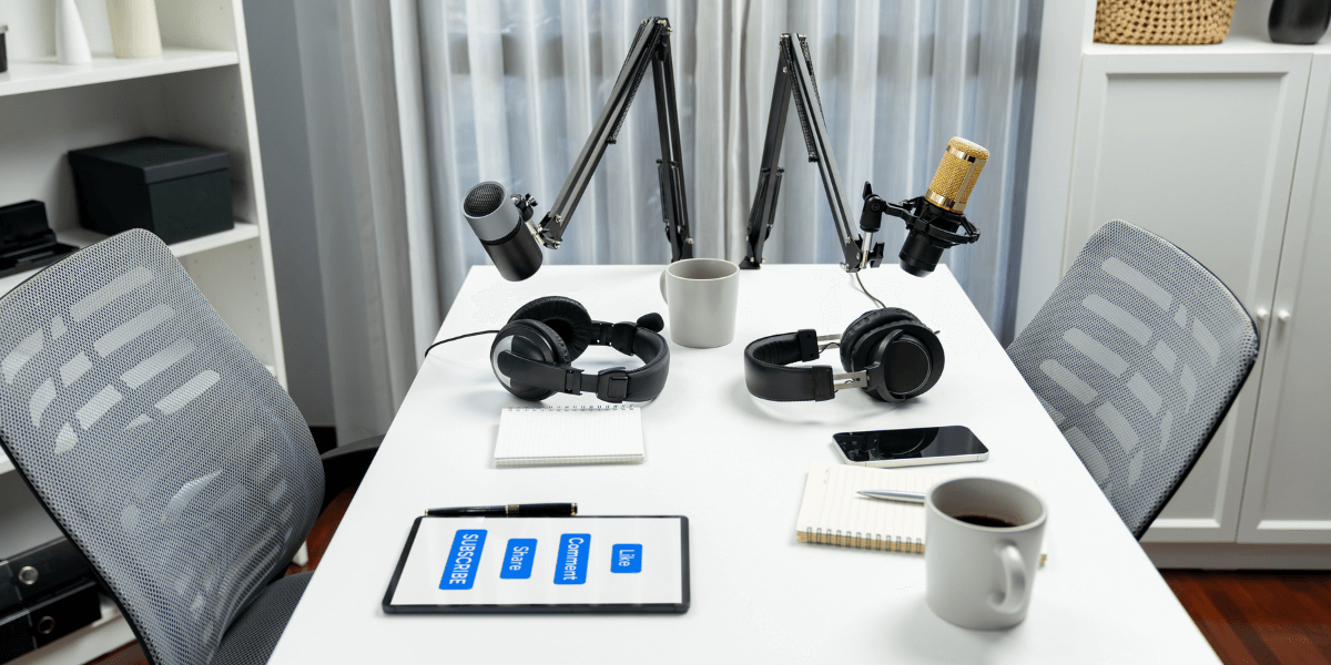 Podcast equipment in a frame