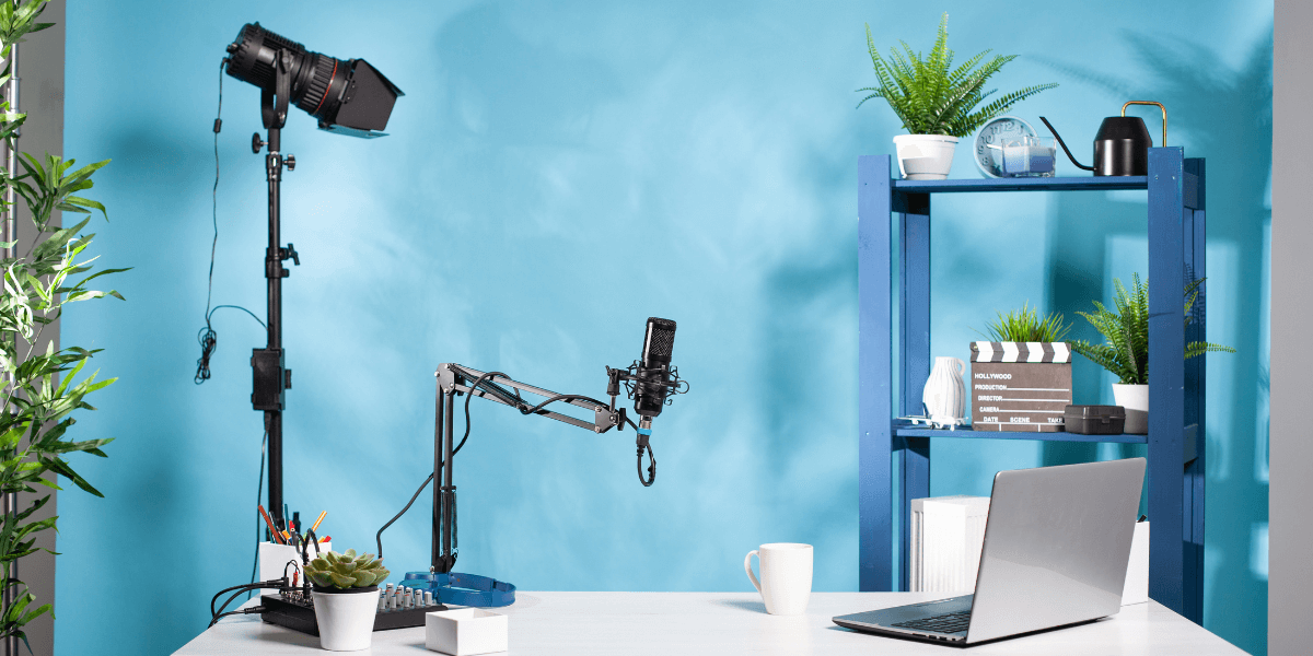 Podcast setup in a blue frame