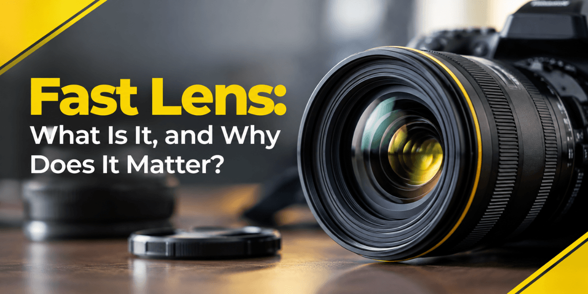 Fast camera lens showing a wide aperture and optical glass, illustrating what a fast lens is and why it matters in photography.