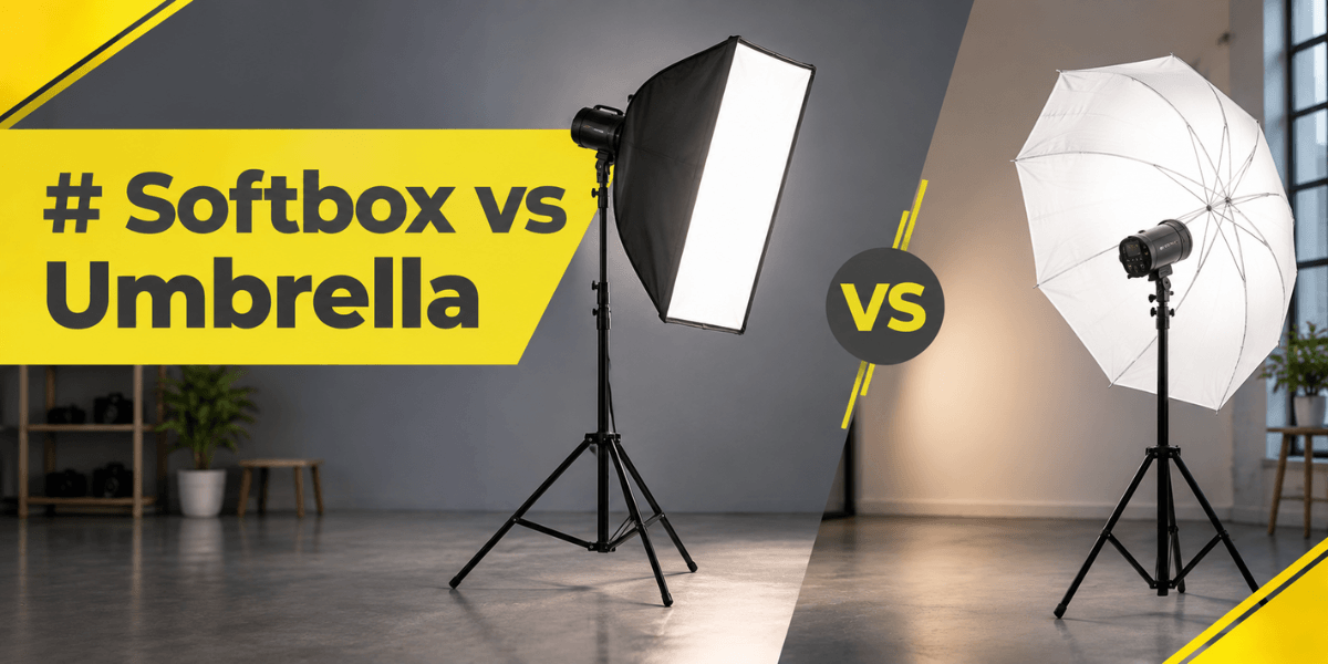 Softbox and umbrella photography lighting setups compared side by side in a professional studio.