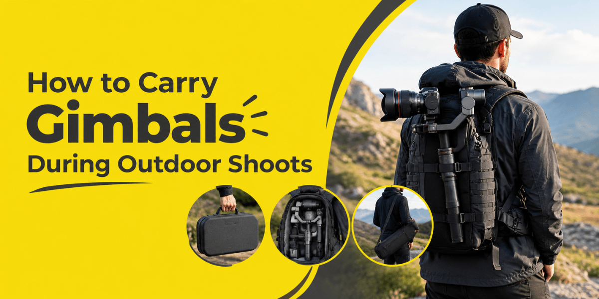Photographer carrying a camera gimbal and gear backpack during an outdoor mountain shoot