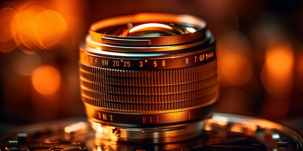 Close-up of a vintage camera lens with detailed focus rings, illuminated by warm, golden bokeh light in the background